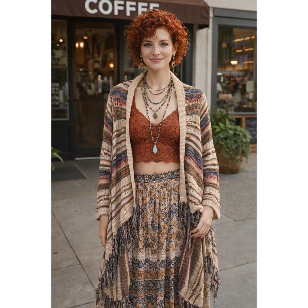 American Rag Open Knit Fringe Multi-Color Duster Cardigan Sz M Boho Brown Blue